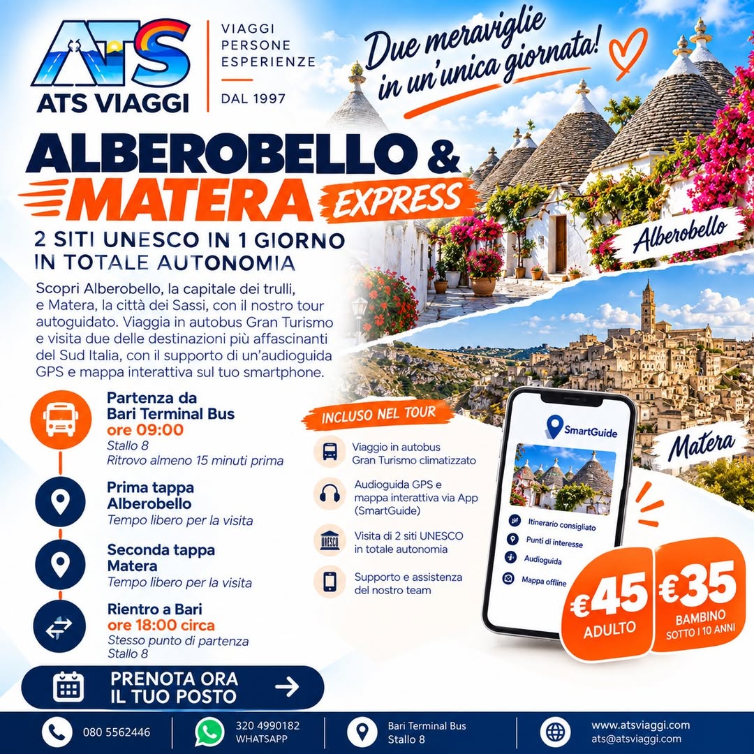 Alberobello e Matera in un solo giorno: scopri il nuovo Tour Express di ATS Viaggi da Bari